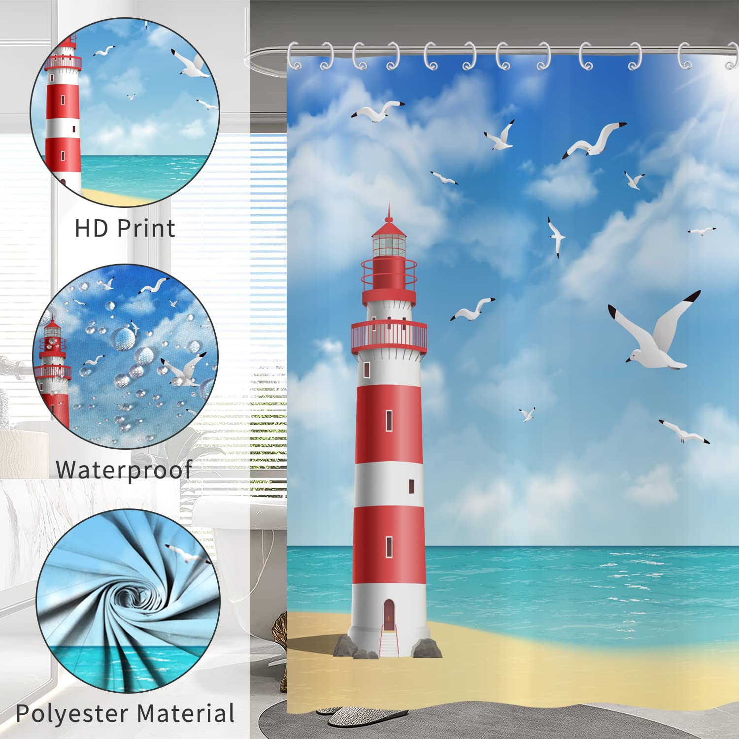 Hnmdmyi Lighthouse Shower Curtain 180x220, Ocean Beach Seagull Blue Sky White Clouds Scenery Bathroom Curtains with Hooks Waterproof Polyester Fabric