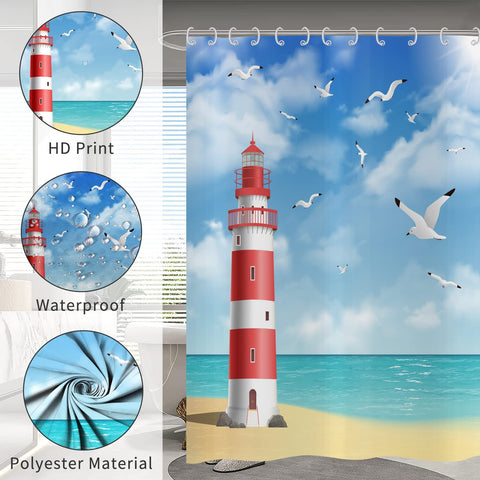 Hnmdmyi Lighthouse Shower Curtain 180x220, Ocean Beach Seagull Blue Sky White Clouds Scenery Bathroom Curtains with Hooks Waterproof Polyester Fabric