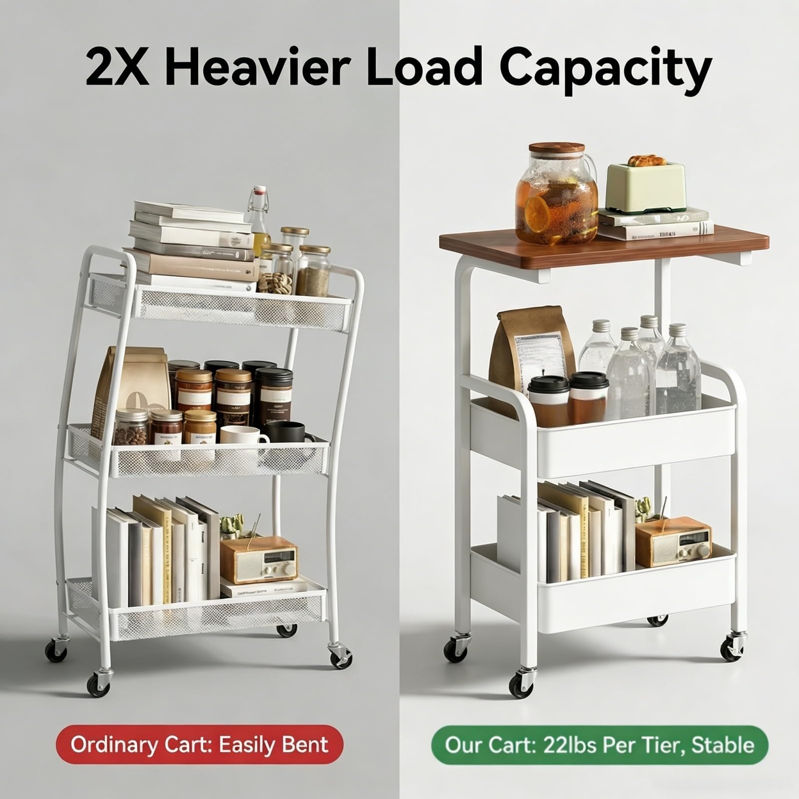 3 Tier Metal Rolling Utility Cart Organizer with Walnut Table Top, Stable and Sturdy Rolling Storage Carts with 2 Lockable Wheels for