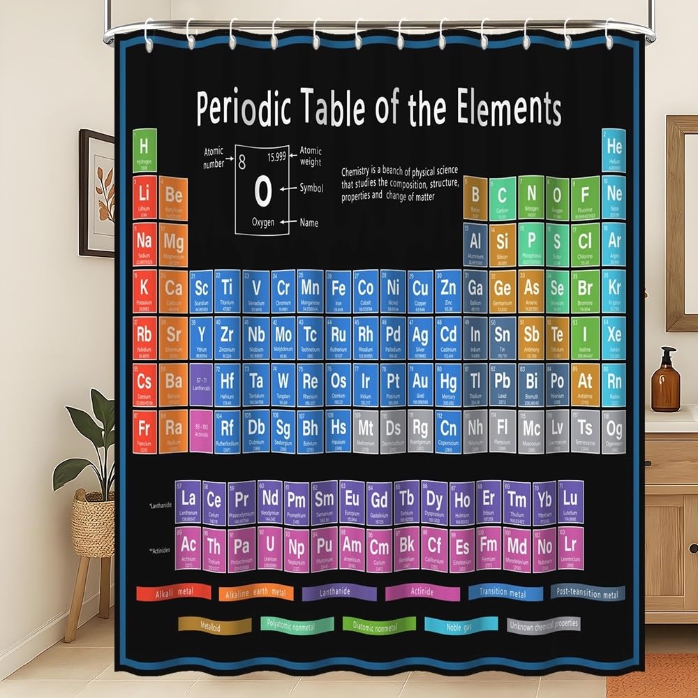 Xiaoterna Periodic Table of Elements Shower Curtain Abstract Black Bathroom Curtain Chemical Element Table Water Repellant Fabric Washable Shower