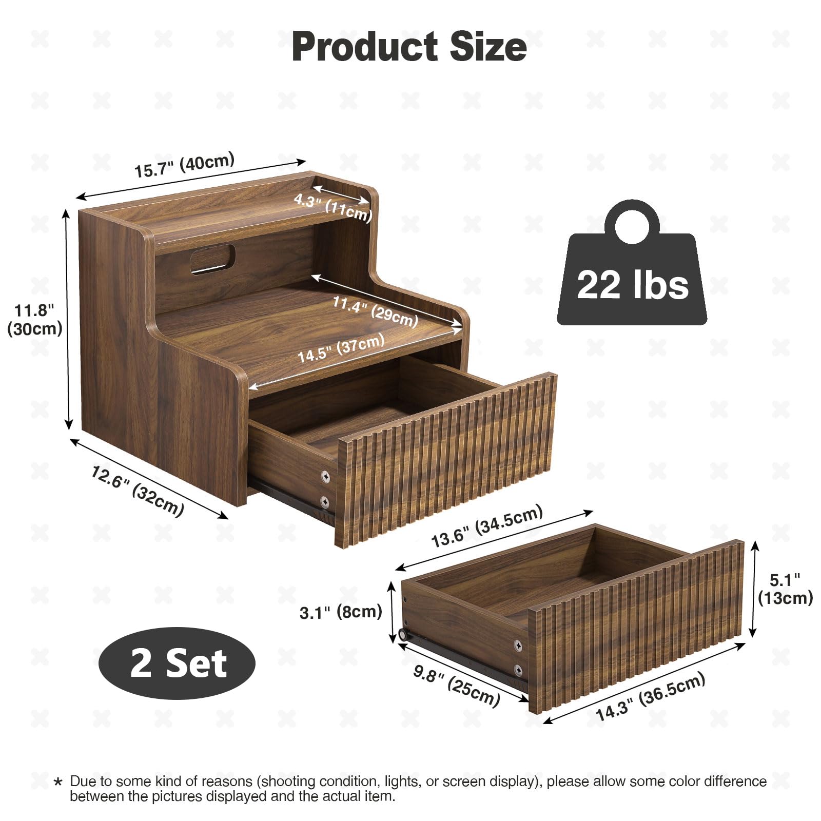 Skokliz Floating Bedside Table Set of 2, Wall Mounted Nightstand with Drawer and Open Shelf, Walnut Side Table Bedroom