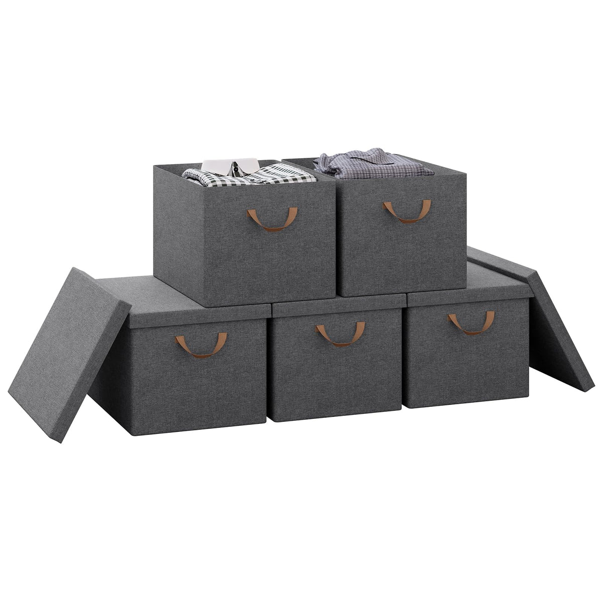 WOLTU Collapsible Storage Boxes Set of 5, Non-Woven Fabric Storage Boxes with Removable Lid, Handles, Metal Frame, 51L, Grey, 48x36x30cm