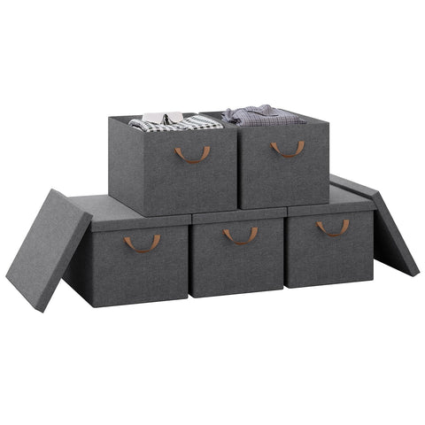 WOLTU Collapsible Storage Boxes Set of 5, Non-Woven Fabric Storage Boxes with Removable Lid, Handles, Metal Frame, 51L, Grey, 48x36x30cm
