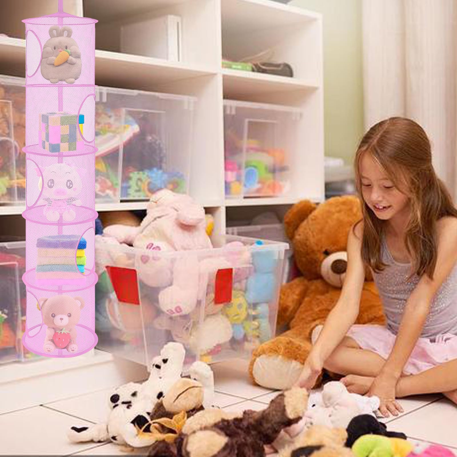 ZYETGH 5 Tier Hanging Mesh Storage Basket, 2 PCS Hanging Teddy Storage Net Foldable Soft Toy Storage Hanging Mesh Basket for Cuddly Toys Clothes