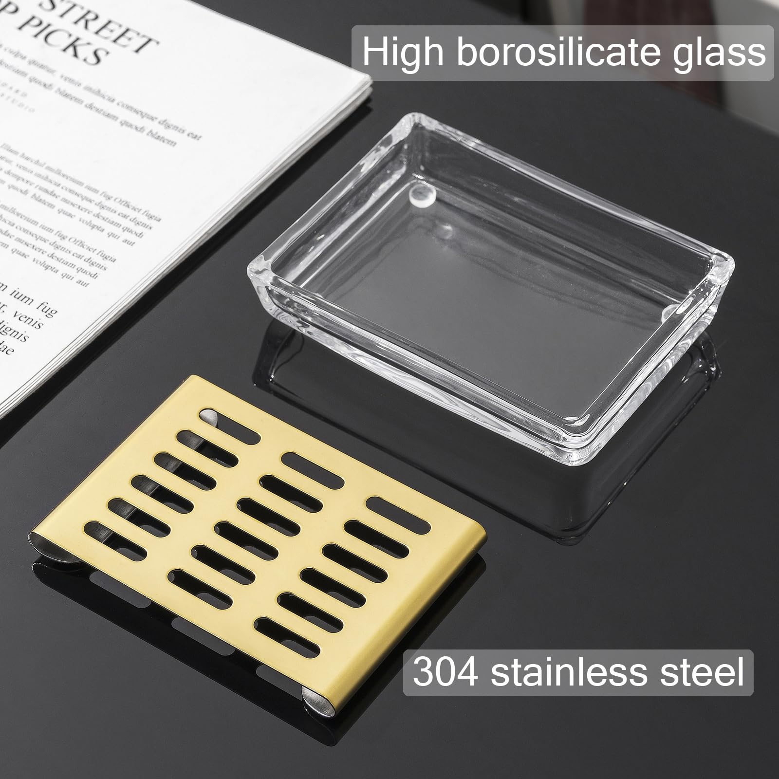 Glass Soap Dish (11.3 x 8.5 x 2.4cm) Stainless Steel Soap Holder for Bathroom and Shower Double Layer Draining Soap Box (Gold tray)