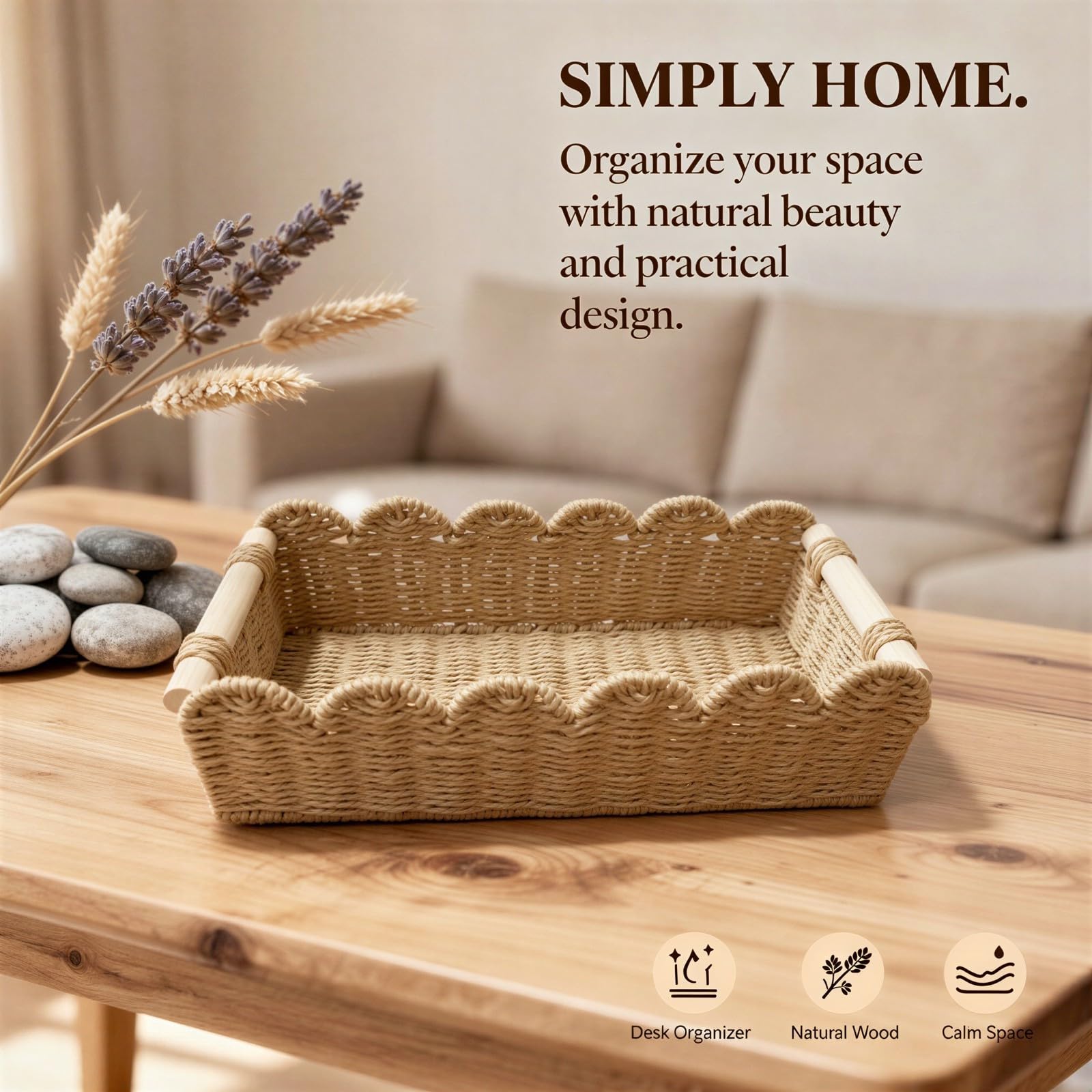 2 PCS Beige Paper Rope Storage Basket Set, Hand-Woven Scalloped Woven Organizer Bins with Wooden Handles