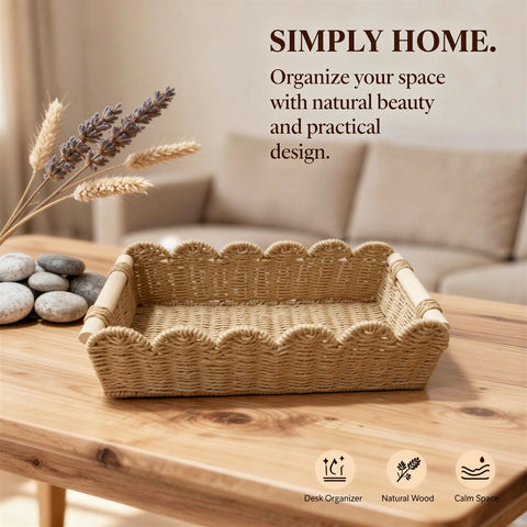 2 PCS Beige Paper Rope Storage Basket Set, Hand-Woven Scalloped Woven Organizer Bins with Wooden Handles