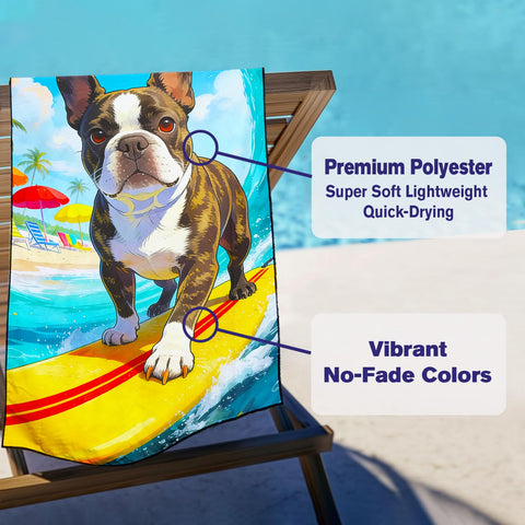 Violetpos Surfing French Bulldog Beach Towel, Extra Large 180x90 cm 250GSM Microfibre, Sand Free Quick Dry