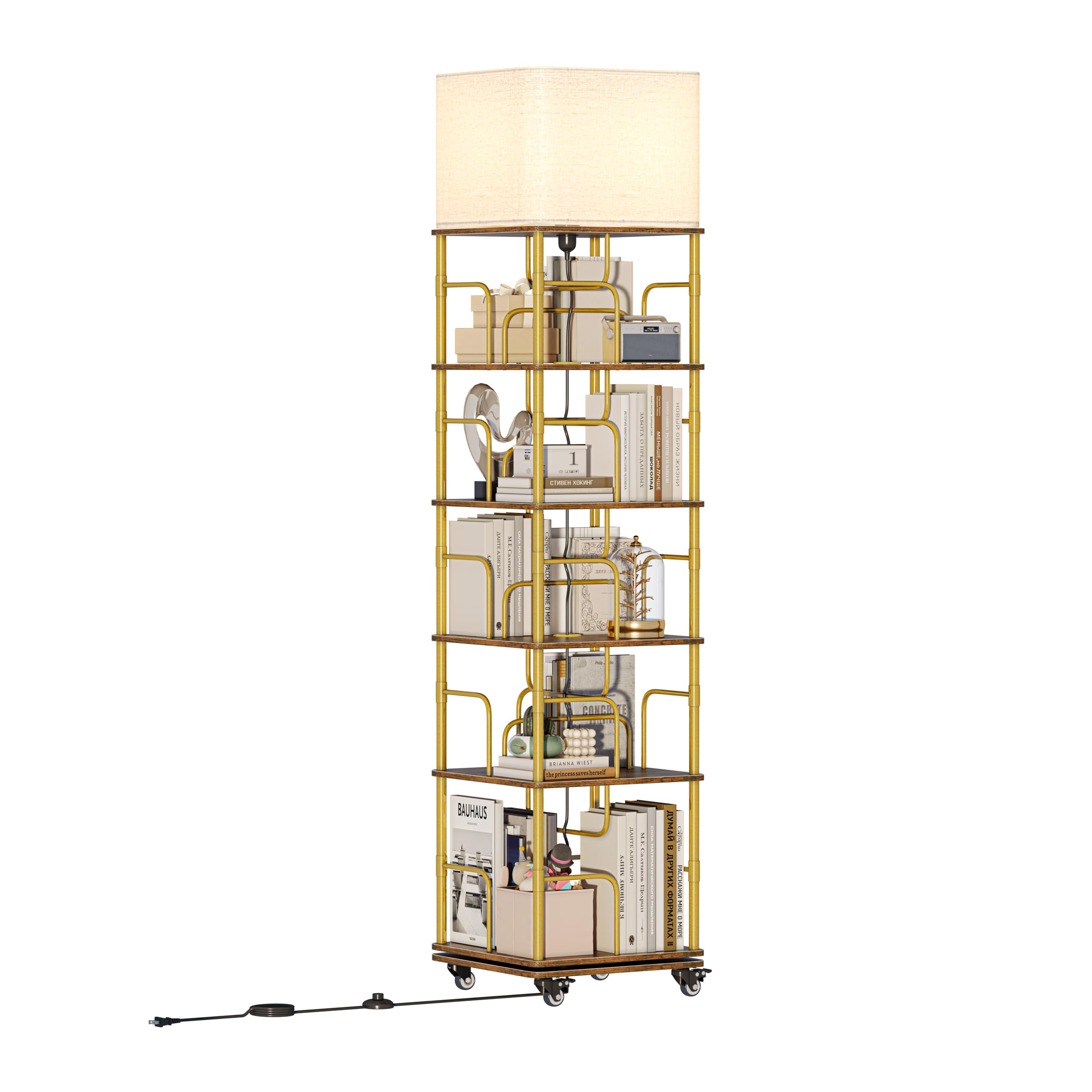 Quikraen 5-tier Revolving Bookcase with LED and Lockable Castors，Gold+Brown
