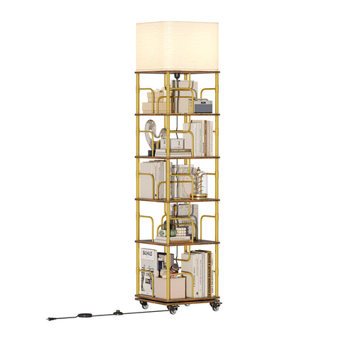 Quikraen 5-tier Revolving Bookcase with LED and Lockable Castors，Gold+Brown