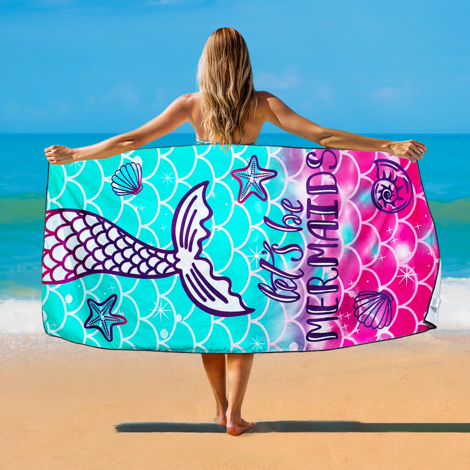 Violetpos Mermaid Tail 'Let's Be Mermaids' Beach Towel, Extra Large 180x90 cm 250GSM Microfibre, Sand Free Quick Dry