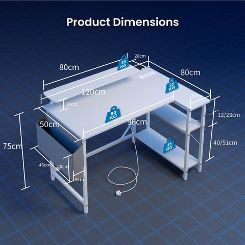 DOMSHOCT L Shaped Gaming Desk with LED Lights & Power Outlets, 120 * 80cm Corner Computer Table with Storage Bag & Adjustable Shelves & Large Monitor