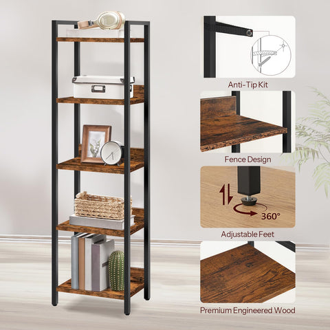 MAHANCRIS Bookshelf, 5-Tier Bookcase, Standing Book Shelf for Small Space, Storage Shelf Organizer, for Living Room, Bedroom, Study, Balcony