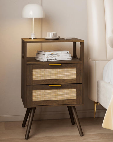 JERX Rattan Bedside Table, Farmhouse Nightstand with 2 Storage Drawer and Open Wood Shelf, for Bedroom and Small Spaces