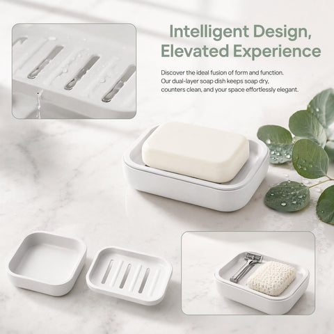 Soap Dish with Drainage, Plastic Soap Holder (White)