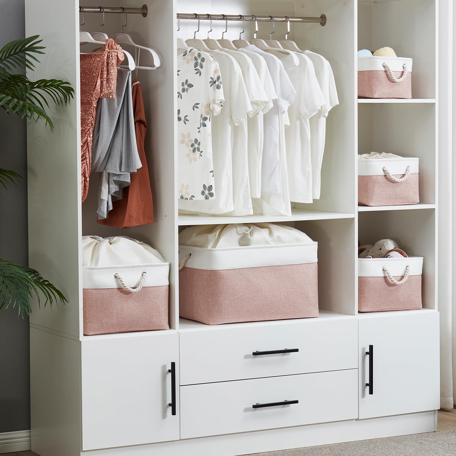 Mangata Soft Fabric Storage Boxes, Multi-Size, Rectangular Container Baskets for Shelf, Wardrobe, Toys and Clothes, 41x31x18 cm, Pink and White