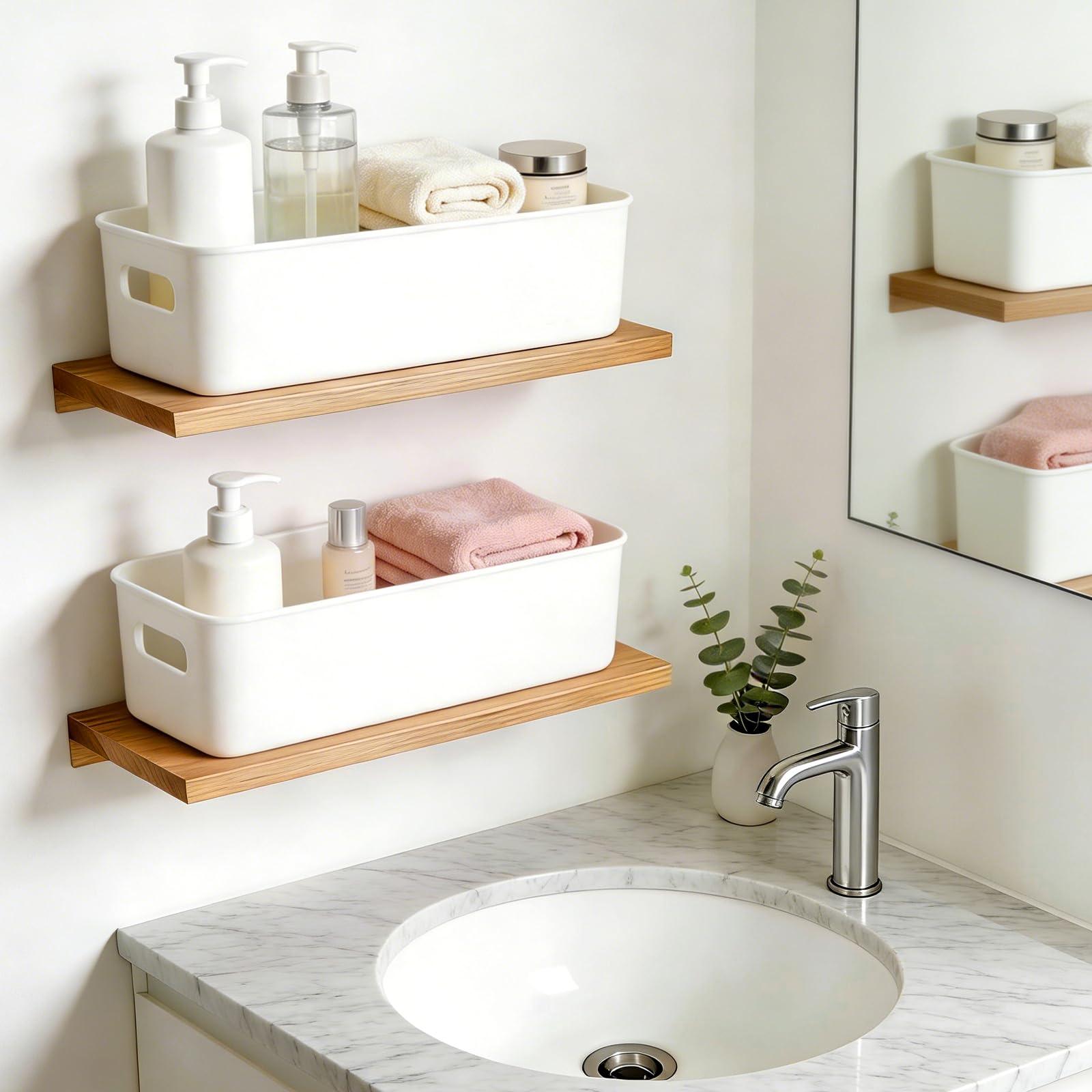 QUMENEY 4 Packs Narrow Plastic Storage Boxes with Lids White Shelf Baskets