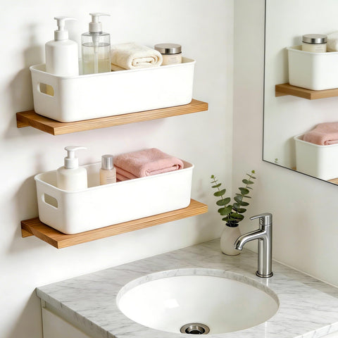 QUMENEY 4 Packs Narrow Plastic Storage Boxes with Lids White Shelf Baskets