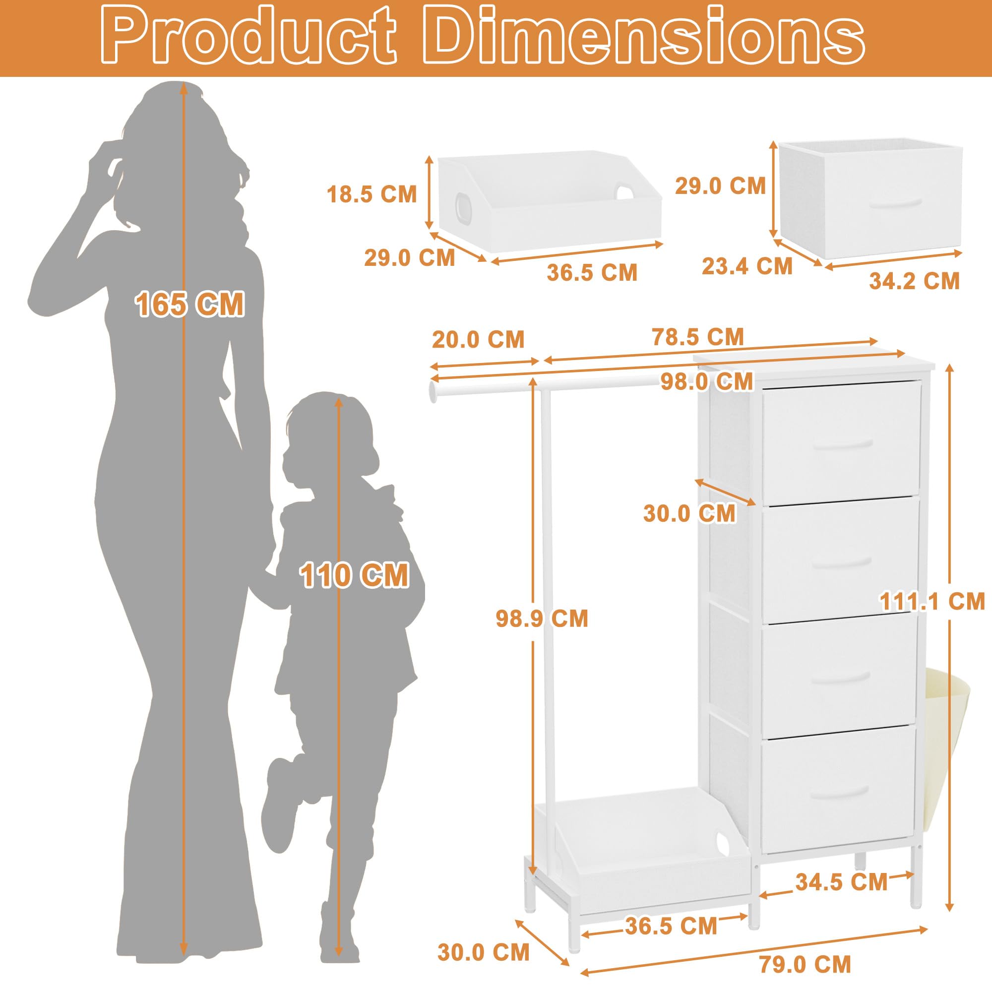 Chest of Drawers with Retractable Hanging Rail and 4 Fabric Drawers