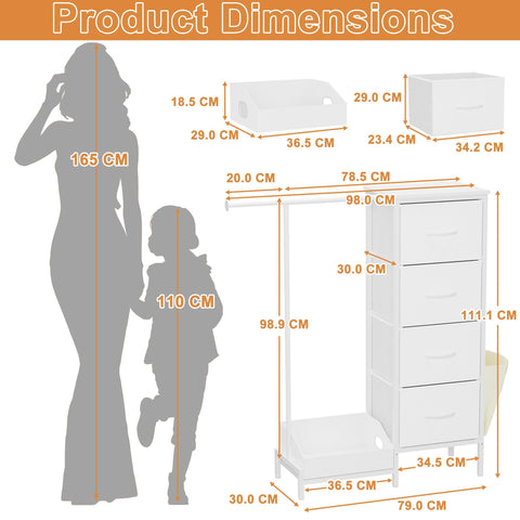 Chest of Drawers with Retractable Hanging Rail and 4 Fabric Drawers