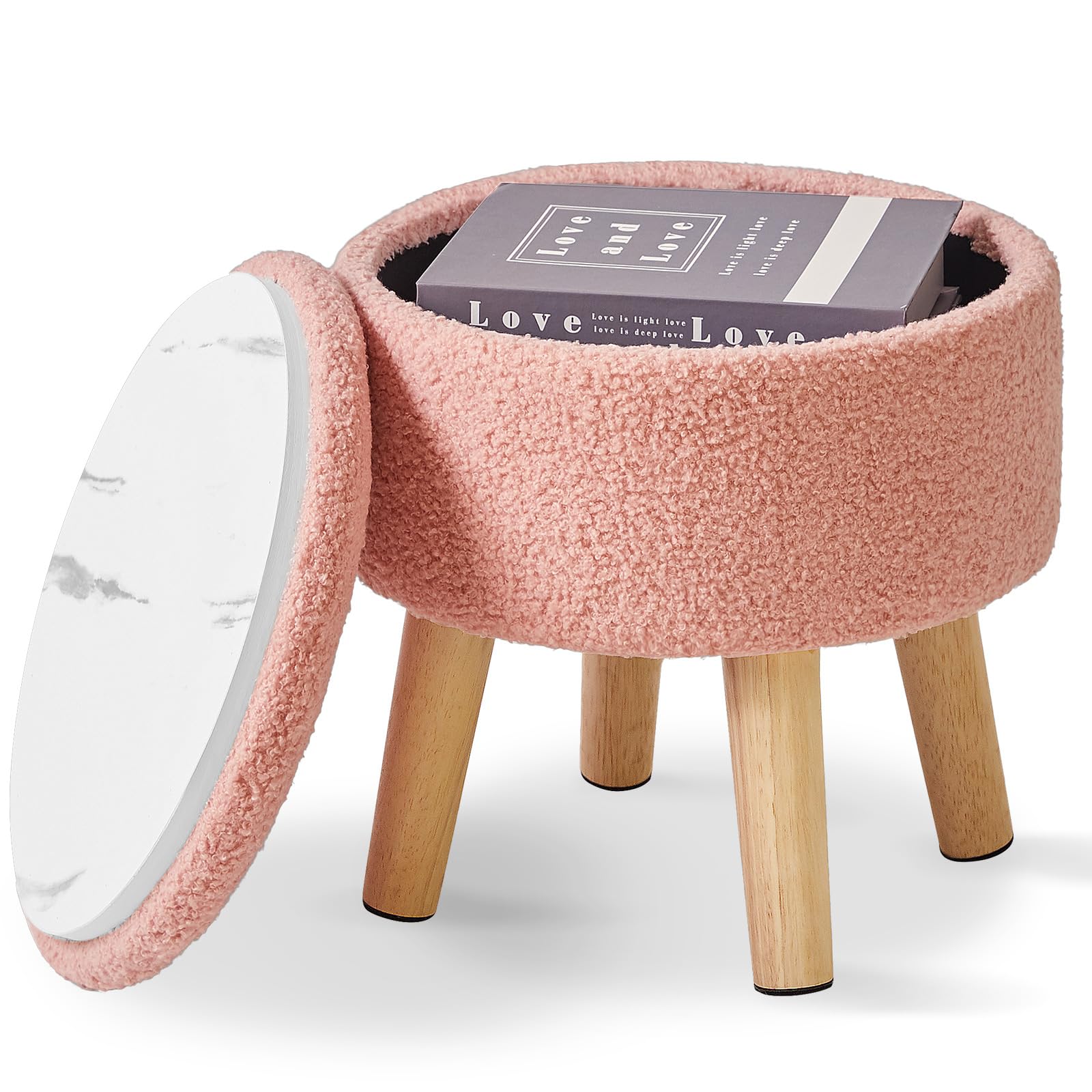 IBUYKE 13 Inch Small Footstool Ottoman with Storage, Round Pouffe Foot Rest with Padded Seat and Wood Legs