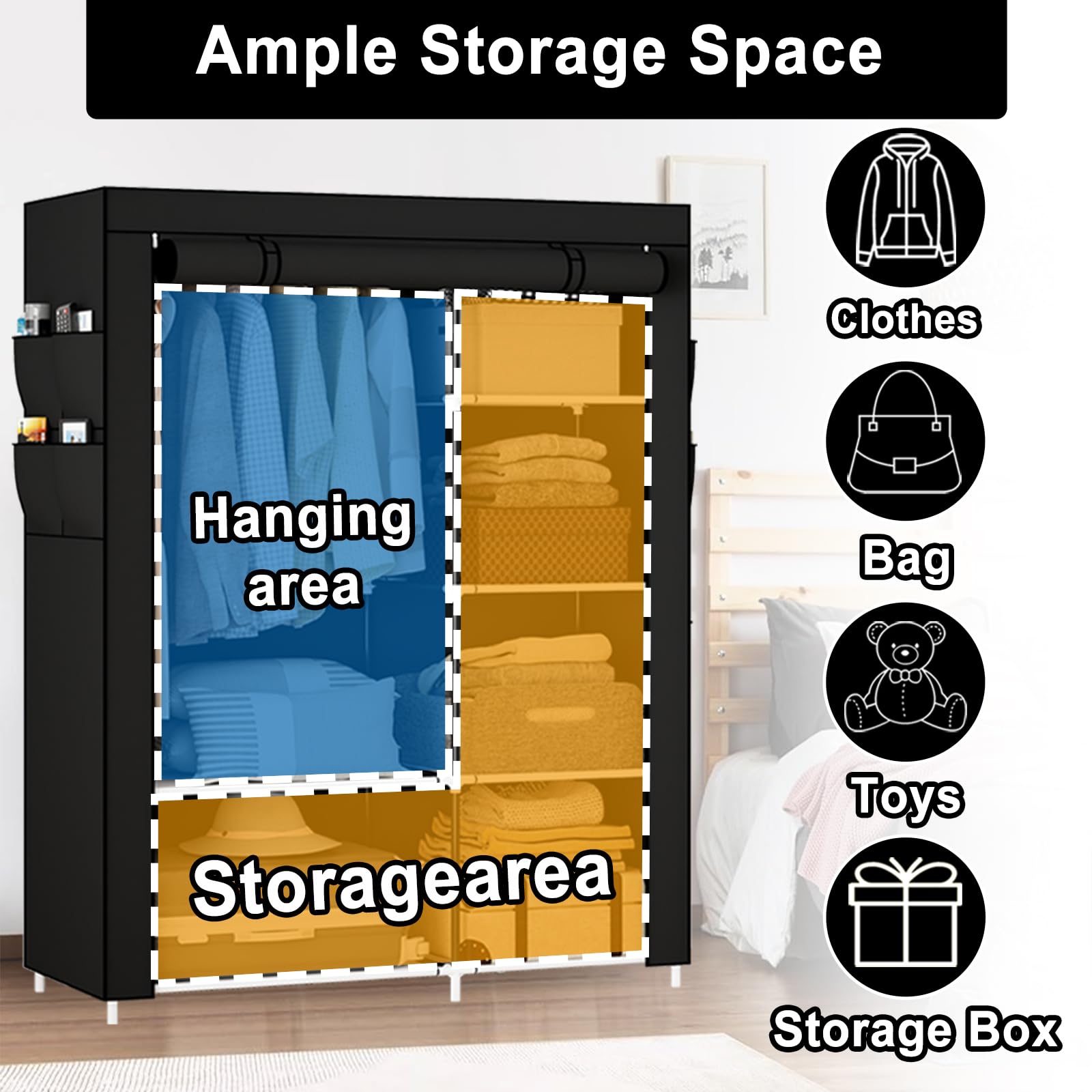 OPPAIYA Canvas Wardrobe for Bedroom, Fabric wardrobes carries five storage boxes, one hanging rail and four side pockets, 105 x 45 x 165 cm