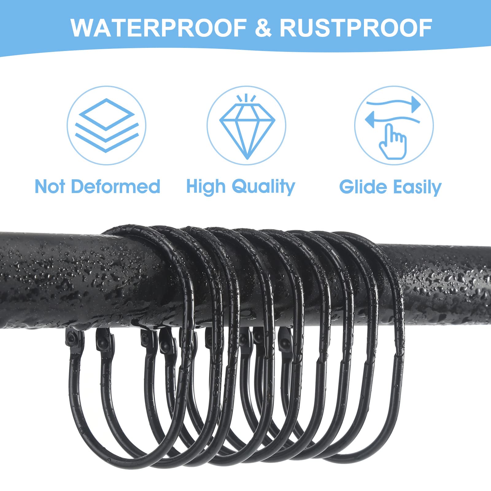 Goowin Shower Curtain Hooks, 12 Pcs Shower Curtain Rings Rust Proof Metal Oval Rings Clasp Closed Shower Curtain Rings for Bathroom Shower Rods