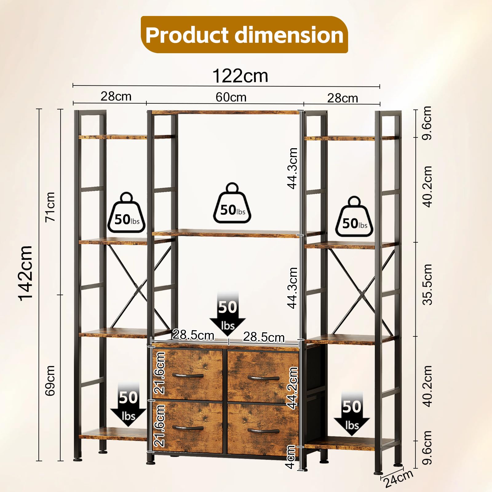 VERMESS 122W x142H cm Triple Book Shelf, 4 Tier Industrial Bookshelf for Home & Office, 47" Wide Large Shelving Unit with 4 Adjustable Fabric Drawers