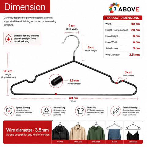 1Above 25x Premium Rubber Coated Metal Hangers - Heavy Duty - Space Saving Organiser Clothes Hangers for Wardrobes Coat Rack Rails Thin and Non-Slip
