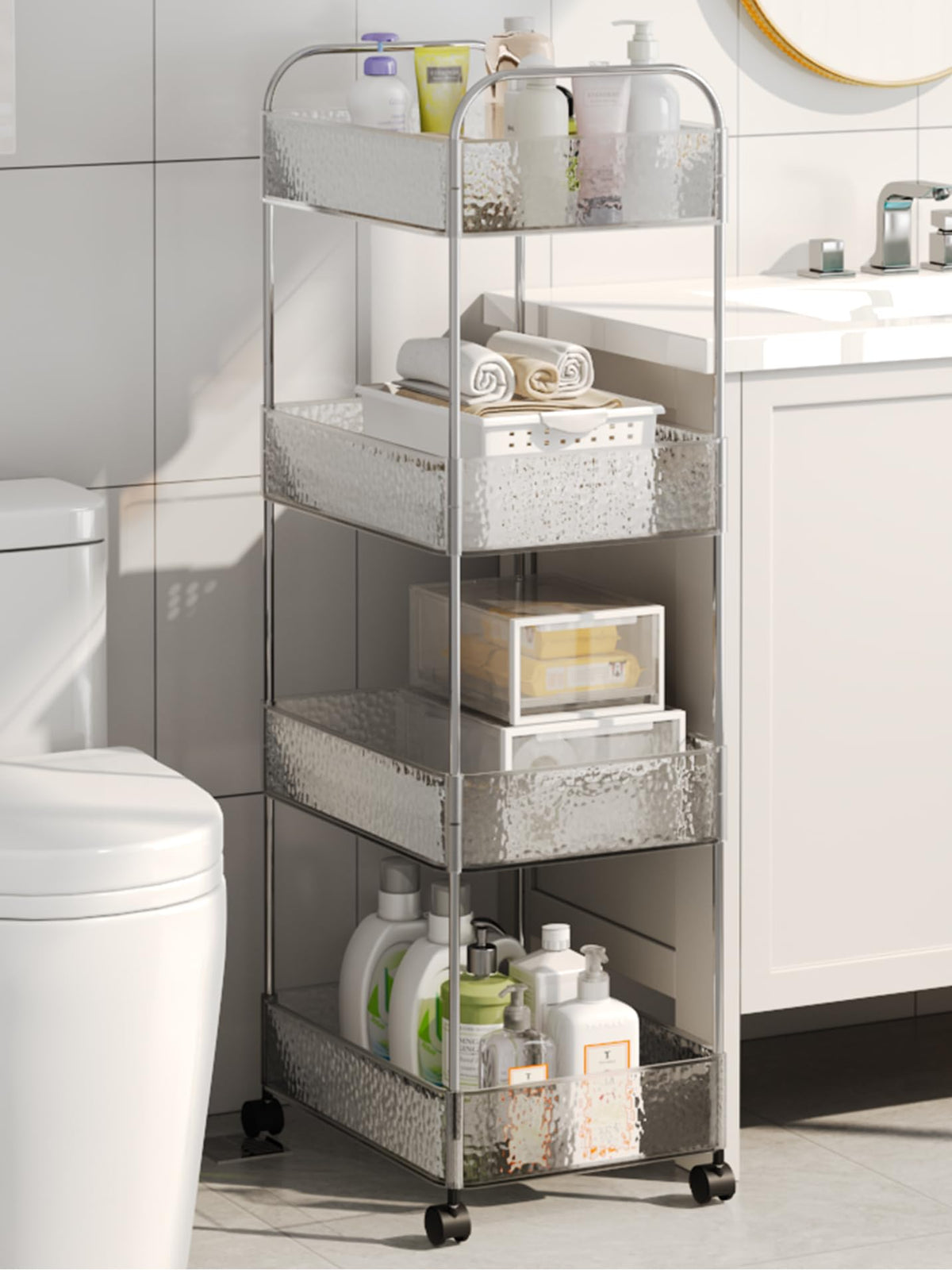 CraftGenes 4-Tier Slim Storage Trolley on Wheels with Lock, 36x27x95cm, Transparent Bathroom Trolley with Stainless Steel Frame & U-Handle