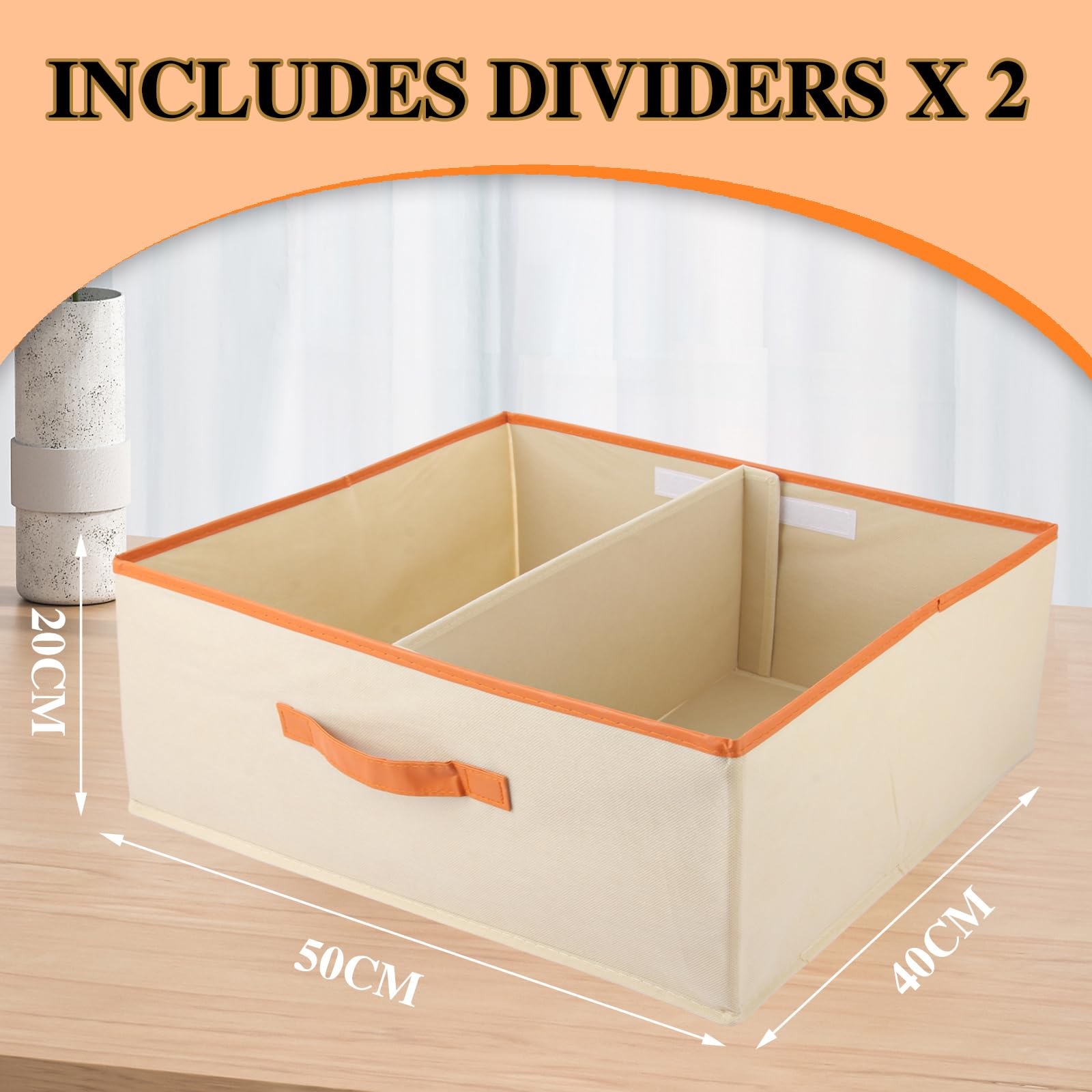 ASelected Large set of 2 storage boxes 50 x 40 x 20 CM Cupboard organiser with leather handle and divider Fabric storage box Foldable for wardrobe