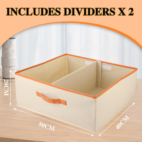 ASelected Large set of 2 storage boxes 50 x 40 x 20 CM Cupboard organiser with leather handle and divider Fabric storage box Foldable for wardrobe