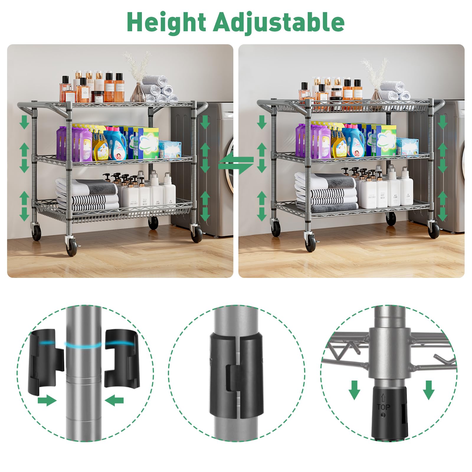Forthcan 3-Tier Heavy Duty Shelving Unit, Storage Trolley on wheels, Silver