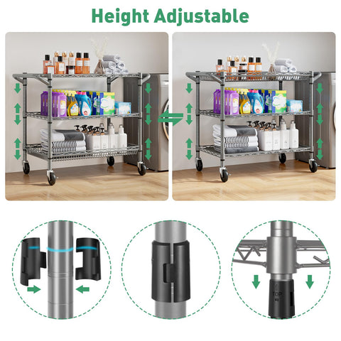 Forthcan 3-Tier Heavy Duty Shelving Unit, Storage Trolley on wheels, Silver