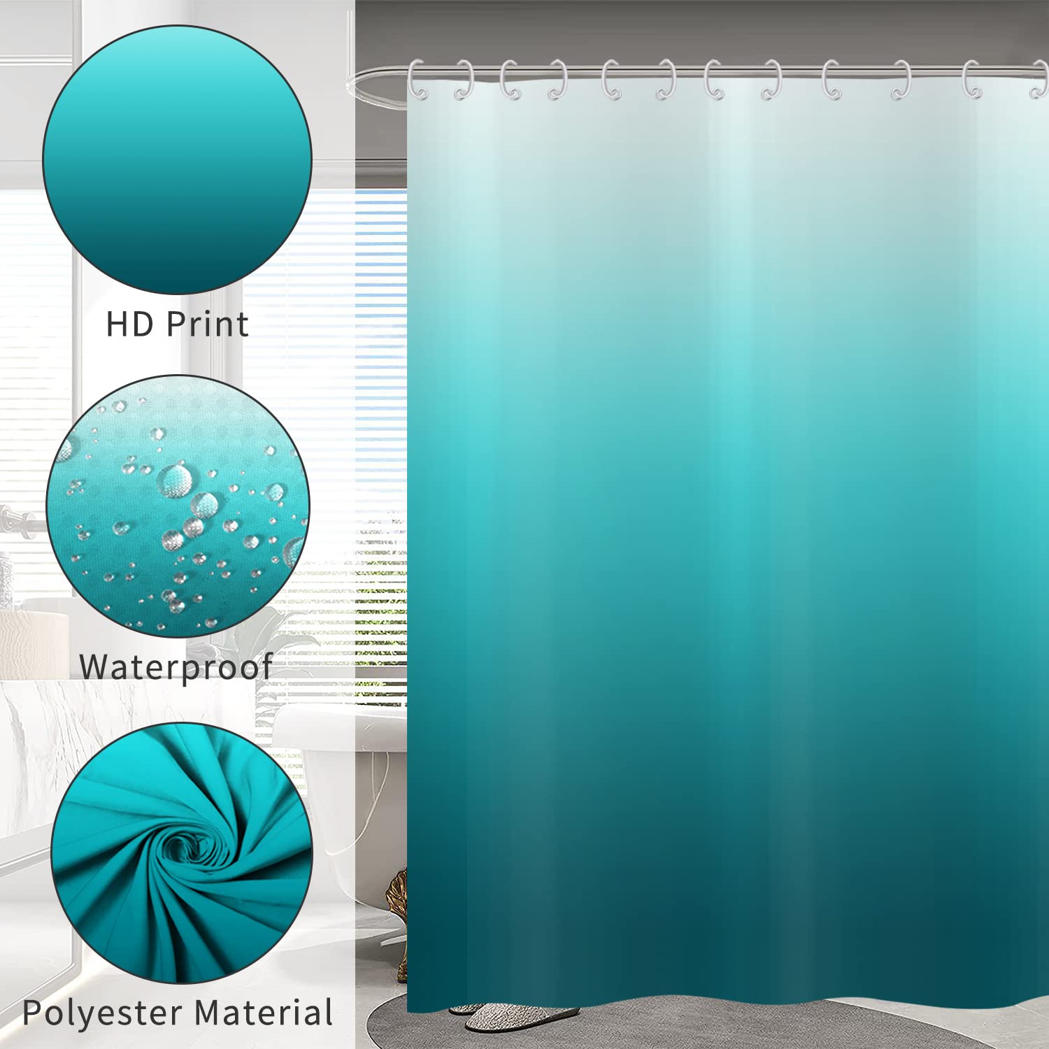 Hnmdmyi Teal Blue Shower Curtain 90x180, Aqua Ocean Abstract Turquoise Ombre Modern Bathroom Curtains with Hooks Waterproof Polyester Fabric Washable