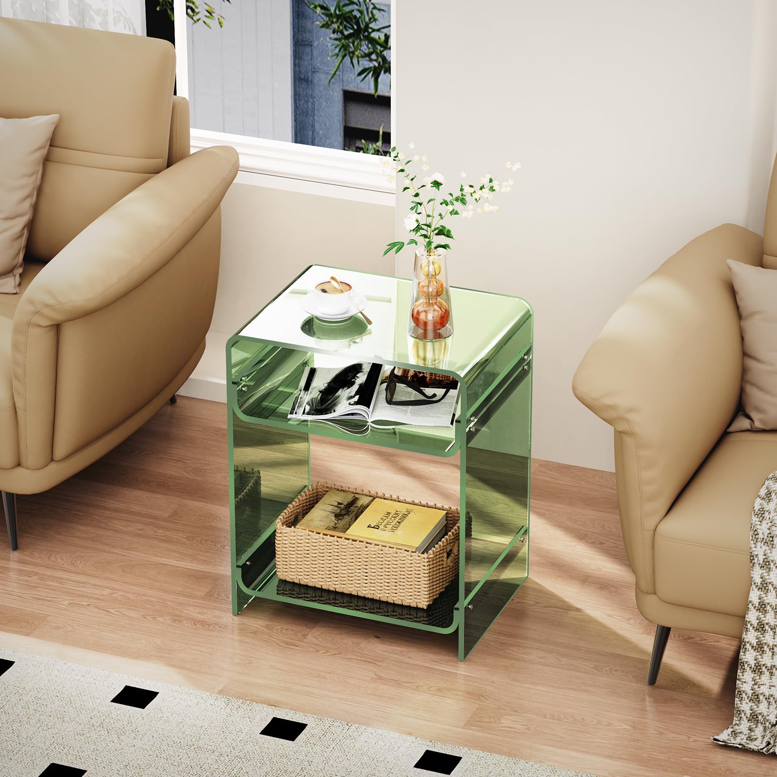 Acrylic End Table with Storage Shelf, Clear Side Table, Record Player Table, Nightstand, 15.7x19.7x11.8 (Green, 40×30×50 cm)