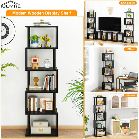 IBUYKE 6-Tier Tall Bookshelf,S-Shaped Geometric Bookcase,Black WBC016B