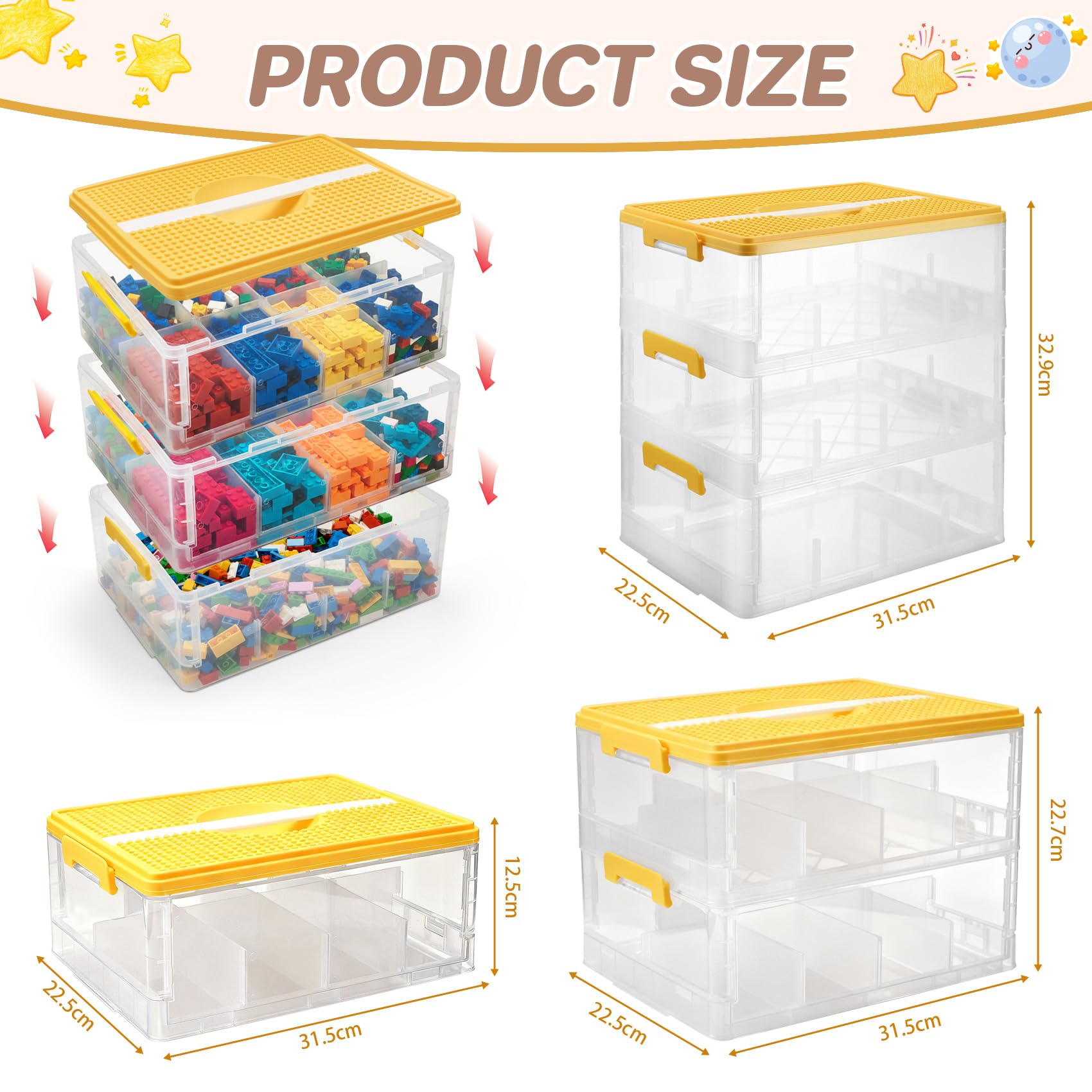 Yocdunm 18L Storage Boxes with Lids, Cube Kids 3 Layers Stackable Plastic Drawer Organiser Handle,Storage Box for Magnetic Building Blocks Bricks