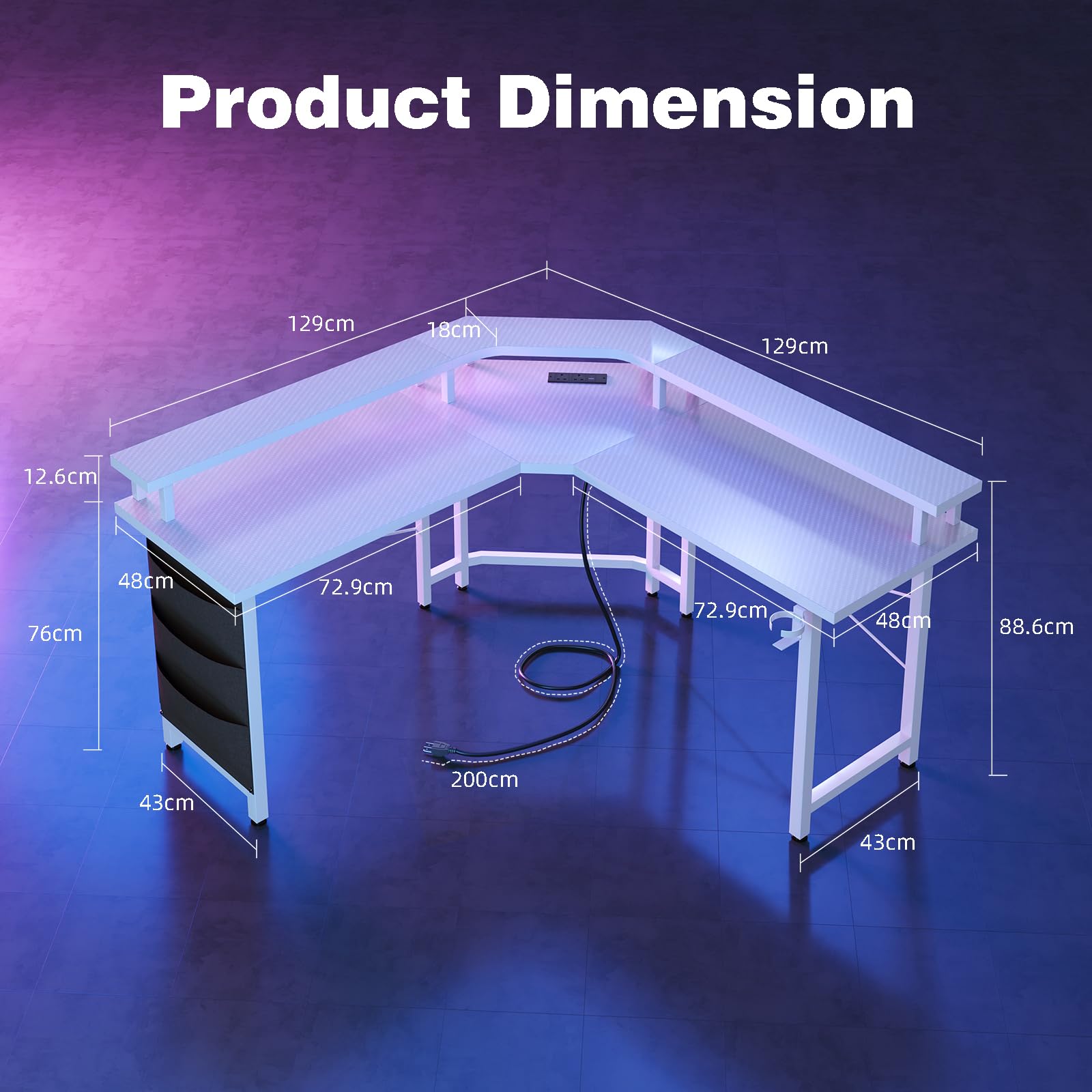 CAIYUN Computer Desk with Power Outlets & LED Strip,50.8" Reversible L Shaped Desk with Monitor Stand & Storage Bag