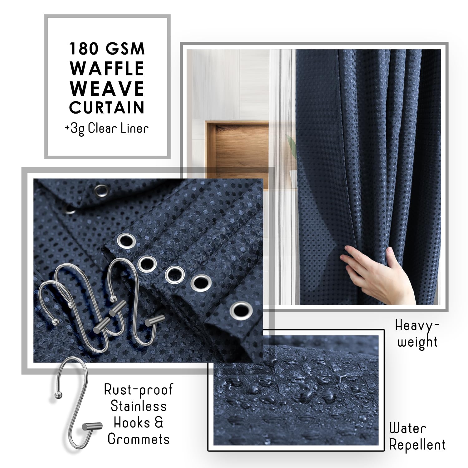 Clara Clark Bathroom Accessories Set - Bathroom Accessory Set with Shower Curtain Set, Toilet Brush, Trash Can & Soap Dispenser & Rugs
