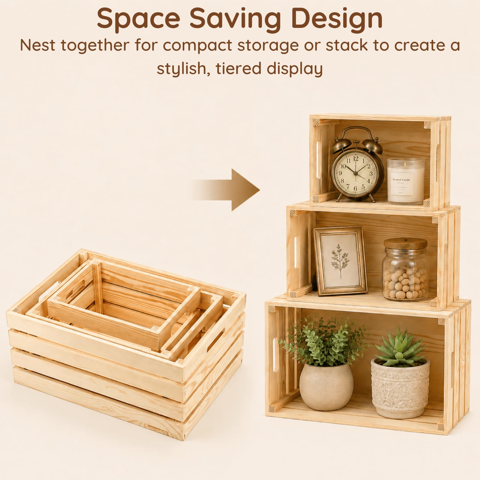 YOUEON Set of 3 Rustic Wooden Nesting Crates with Handles, Decorative Wooden Crates, Crate Box Wooden Storage Box for Kitchen, Office, Bedroom
