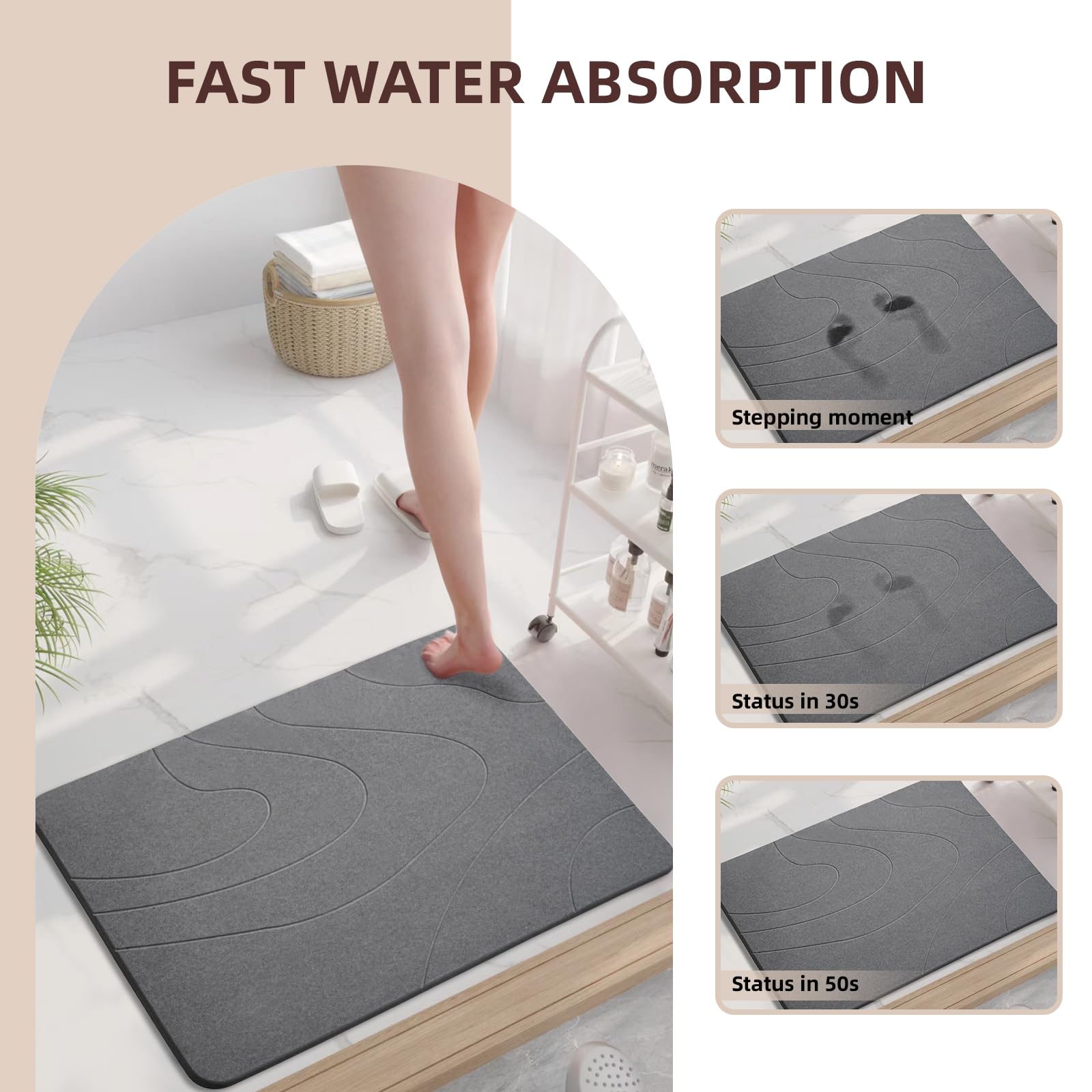 Dai Lufei Stone Bath Mat - Natural Diatomaceous Earth Super Absorbent Shower Mat, Quick Drying, Non-Slip Bath Mat, Bath and Bathroom Floor (Dark Grey)