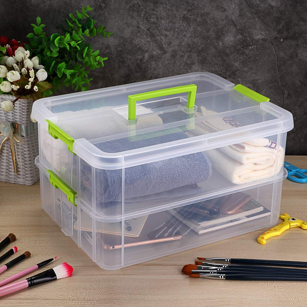 SUMNACON Stackable Storage Box 2 Tier Adjustable Plastic Storage Box with Carrying Handle Transparent Storage Boxes for Toys and Crafts Sewing