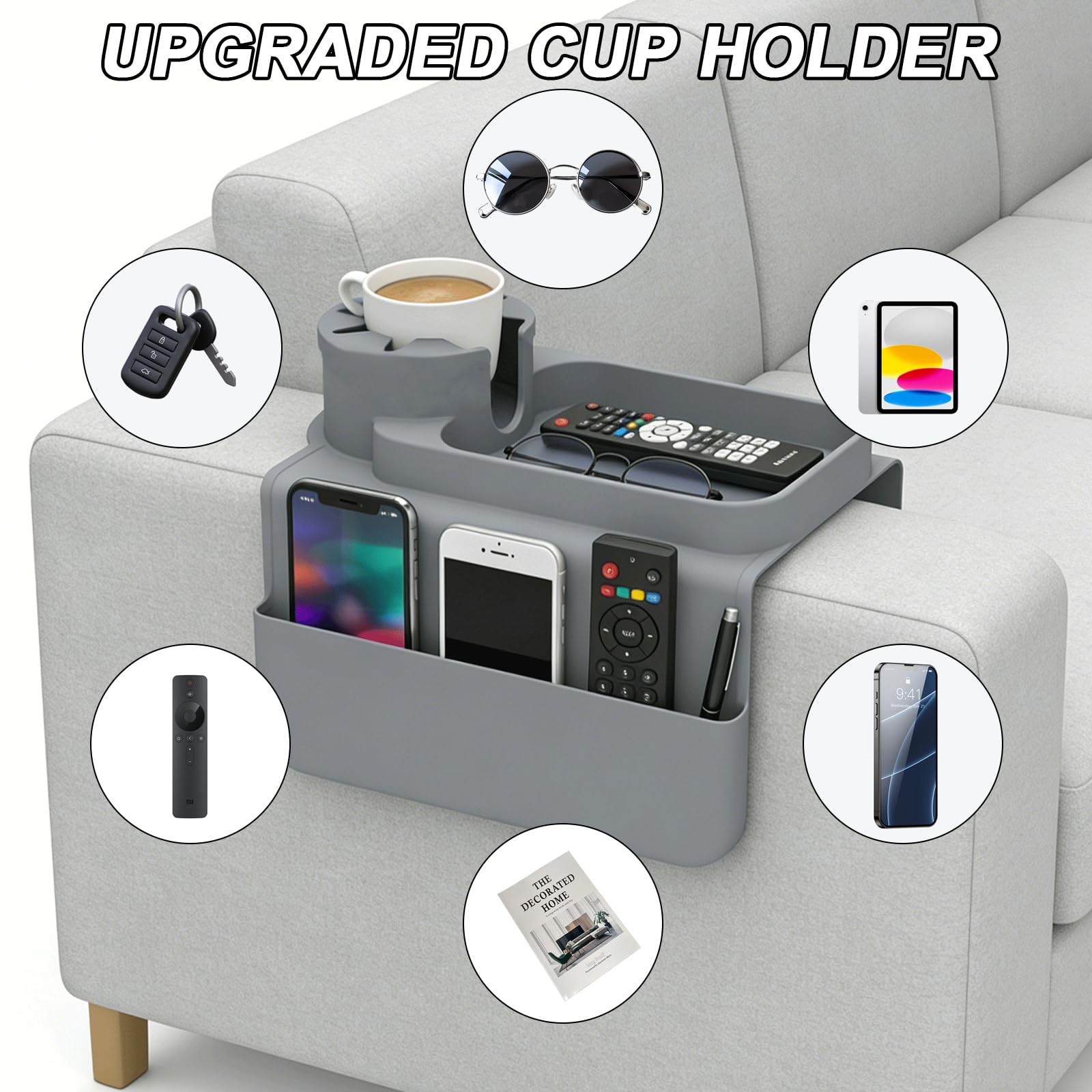 Sofa Arm Tray - Silicone Non-Slip Armchair Tray Caddy, Arm Chair Armrest Table Trays, with Double Side Pockets, Sofa Organiser for Cups, Phones