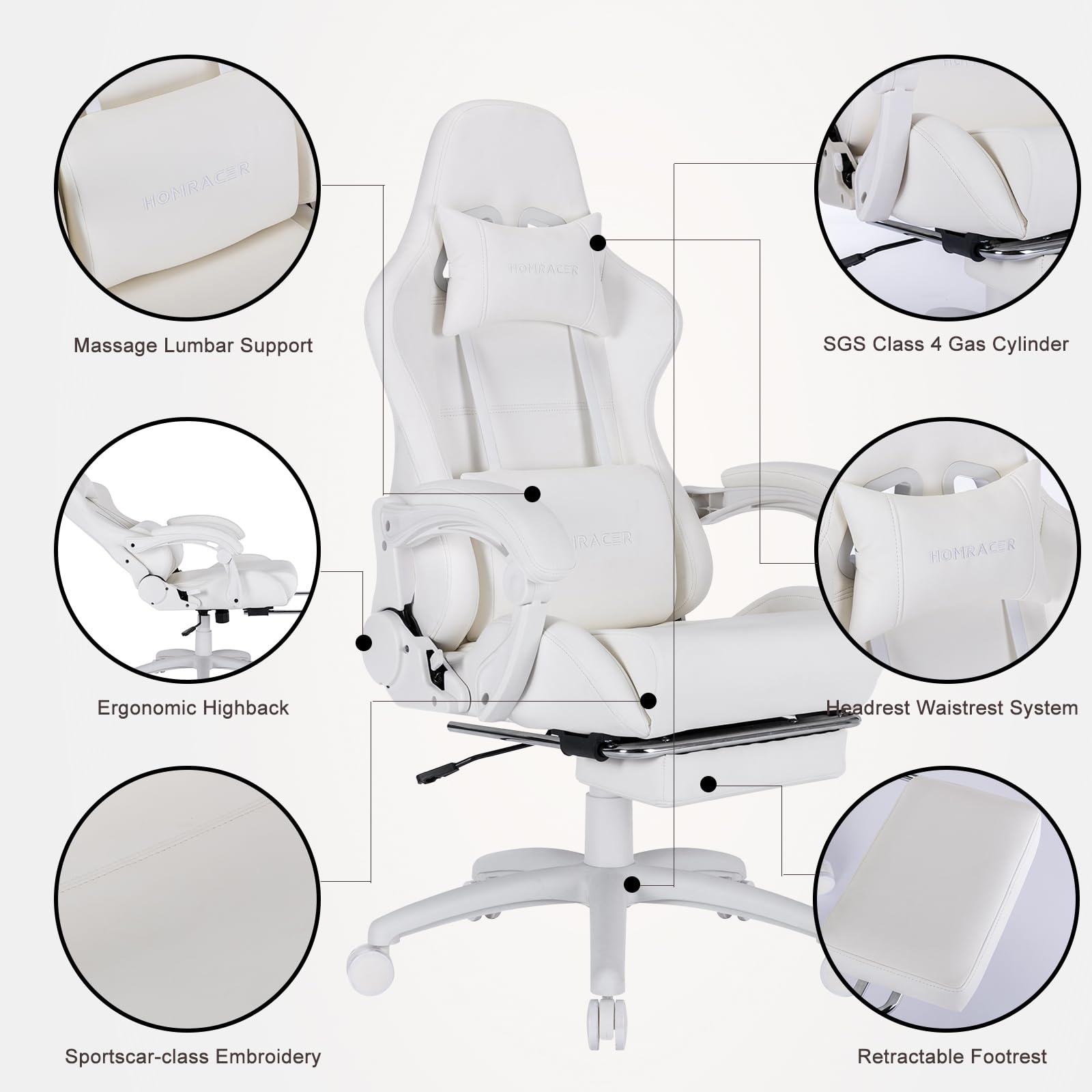 Homracer Gaming Chair Grade:A Genuine Leather Ergonomic Office Computer Chair-High Back with Massage Function, 360° Swivel Adjustable Armrests