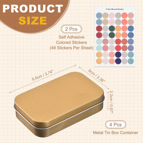 sourcing map 4Pcs Metal Tin Box Container, 3.7x2.4x0.9 Rectangular Empty Box with Self Adhesive Colored Stickers