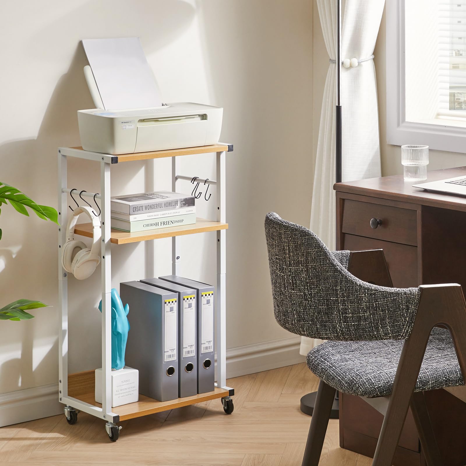 YMYNY 3 Tier Under Desk Printer Cart on Wheels Stand,Natural HPT002N