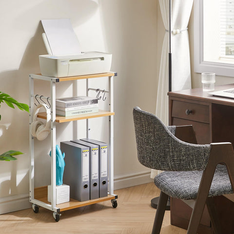 YMYNY 3 Tier Under Desk Printer Cart on Wheels Stand,Natural HPT002N