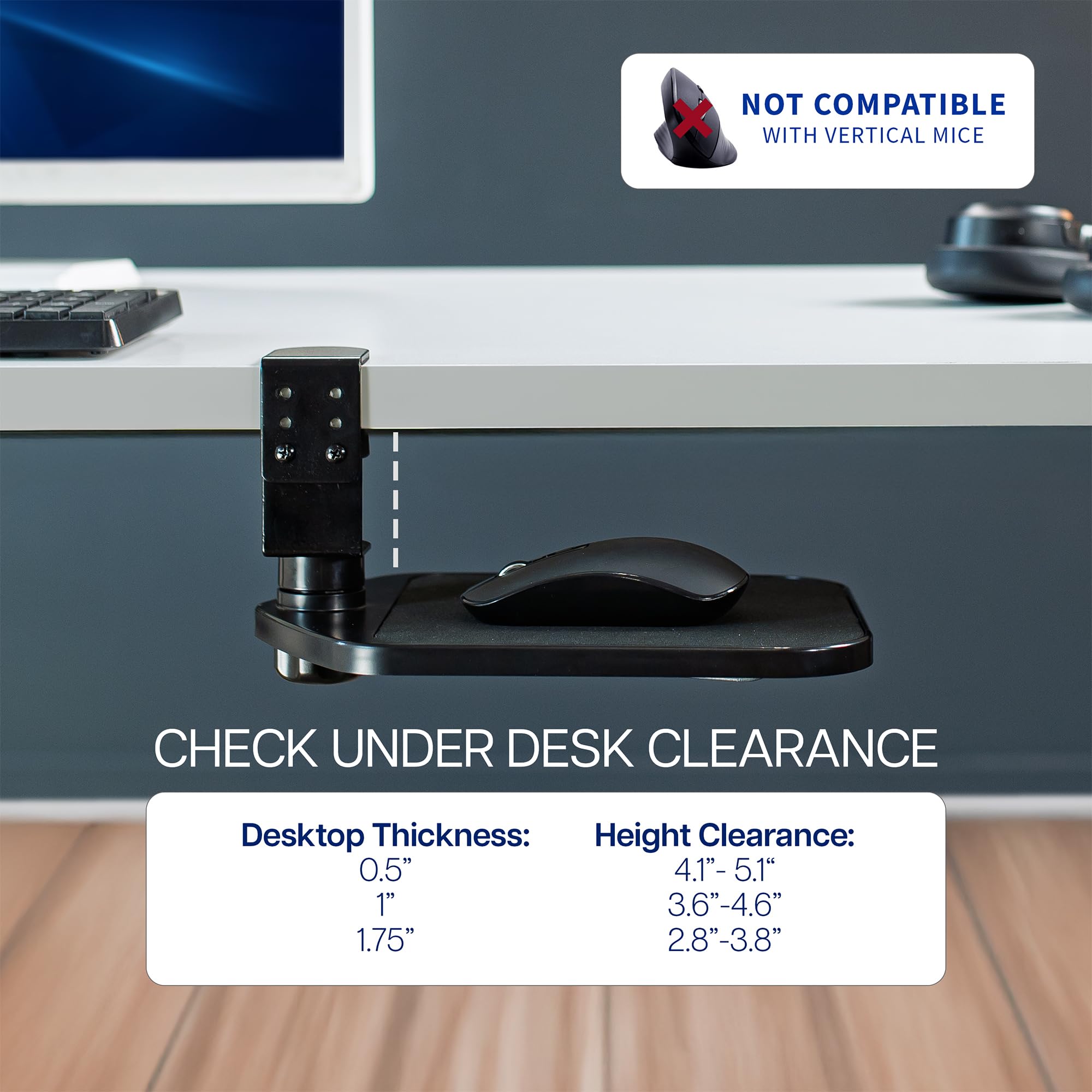 VIVO Clamp-on Mouse Pad Holder Platform, Adjustable Under Desk 360° Rotating Tray Rest Extension Attachment, up to 2 inch Desktops, Black, MOUNT-MS01A