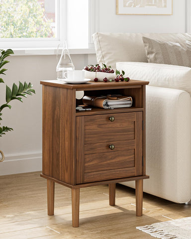 HEYZOEY Wooden Bedside Cabinet with Door & Open Top Shelf – Side Table for Bedroom & Living Room,Fits Small Space (Walnut 15.35″x 11.42″x23.5″)